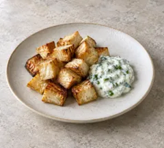 Cubes dorés de céleri-rave rôti avec sauce blanche au yaourt et herbes ciselées