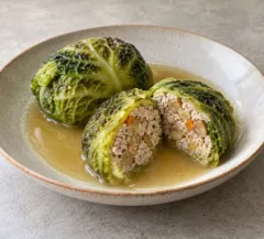 Ballotins de chou vert farcis à la dinde et aux marrons, un ouvert sur la farce cuite