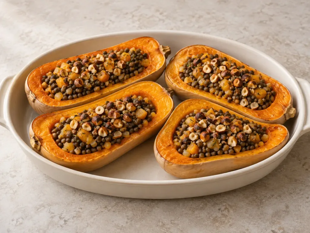 Courge farcie aux lentilles et noisettes