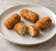Croquettes dorées de châtaignes au comté, une bouchée ouverte montrant le cœur moelleux