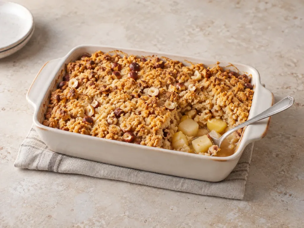 Crumble aux coings, poires et noisettes