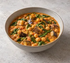Curry de pois chiches, cubes d’aubergine et épinards en sauce orangée