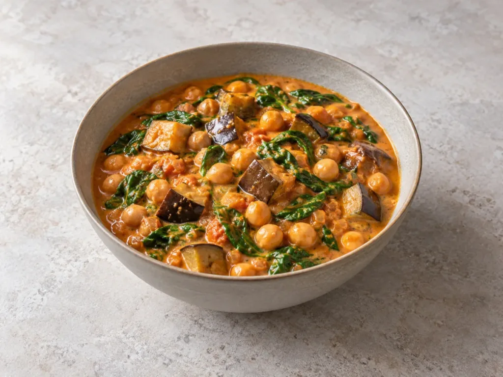 Curry de pois chiches aux aubergines et épinards