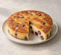 Part de gâteau de semoule vanillé avec raisins frais cuits visibles dans la coupe