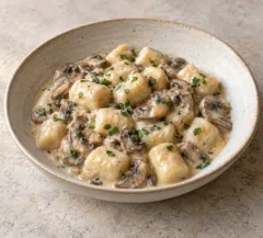 Gnocchis de panais enrobés de crème, champignons émincés et persil