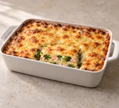 Part de lasagnes au brocoli et au saumon, béchamel et dessus gratiné