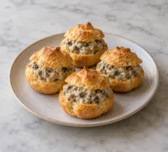 Mini-choux dorés garnis de crème aux champignons, petits chapeaux visibles