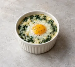 Œuf cocotte sur épinards, comté fondu autour d’un jaune pris