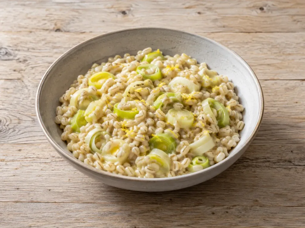 Orge perlé crémeux aux poireaux et citron