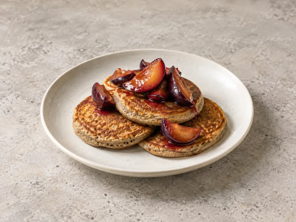 Pancakes au sarrasin et aux prunes poêlées