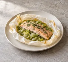 Papillote ouverte de truite sur poireaux fondants, aneth ciselé