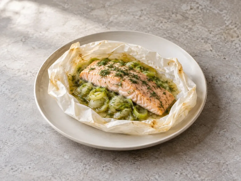 Papillotes de truite aux poireaux et à l’aneth