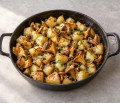 Dés de pommes de terre dorés et girolles poêlées avec persil