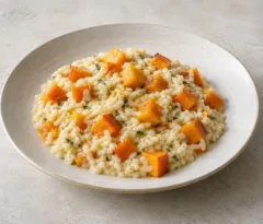 Risotto crémeux aux dés de potimarron rôti et fines touches de sauge