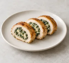 Roulé de poulet doré, tranches montrant une farce verte aux blettes et à la ricotta