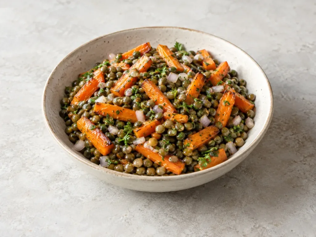 Salade tiède de lentilles aux carottes rôties
