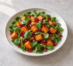 Salade de cubes de patate douce rôtie, mâche et grains de grenade