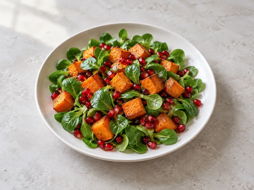 Salade tiède de patate douce, mâche et grenade