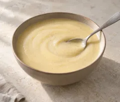 Soupe lisse de chou-fleur rôti aux haricots blancs, couleur ivoire doré