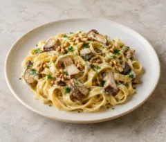 Tagliatelles nappées de sauce courte aux cèpes, noix et persil