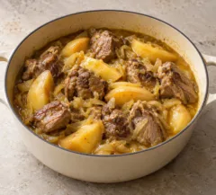 Agneau mijoté aux quartiers de coing dans une sauce dorée au safran