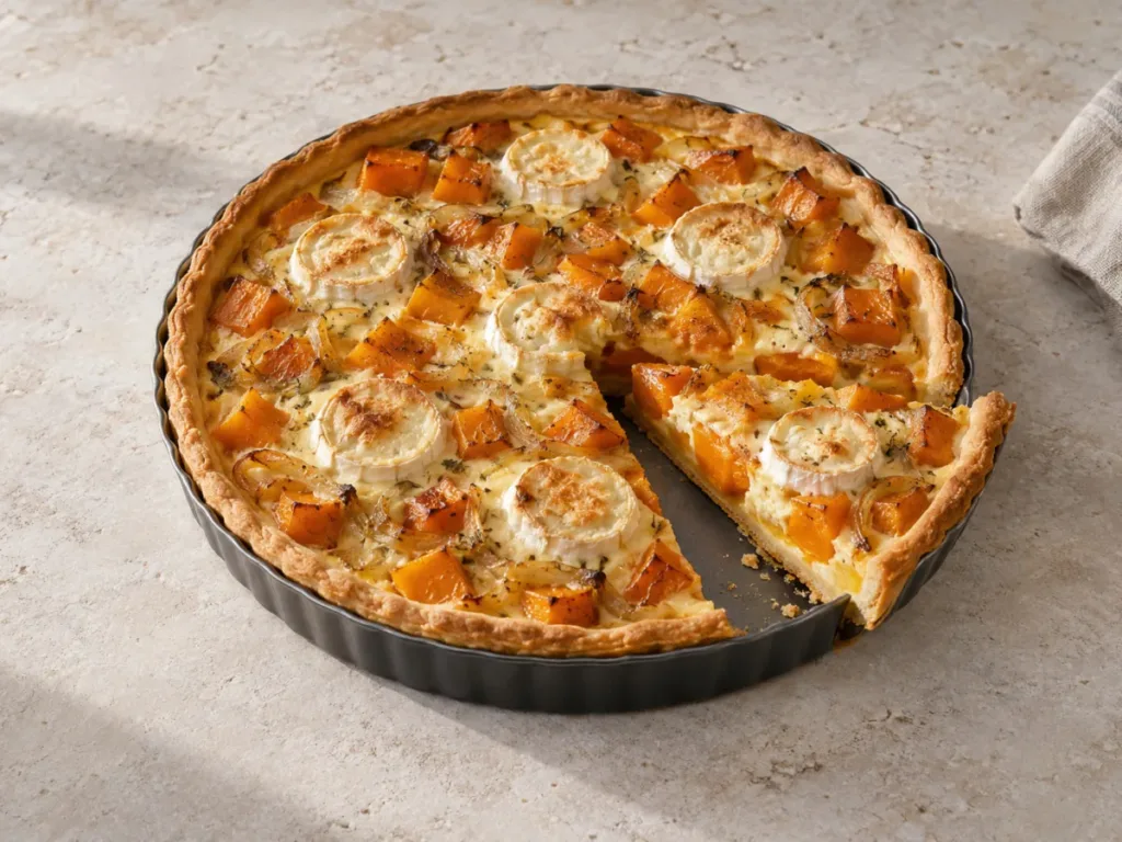 Tarte au potimarron, chèvre et oignons confits