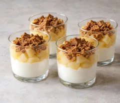 Verrines de fromage blanc, morceaux de poires pochées et spéculoos croquants