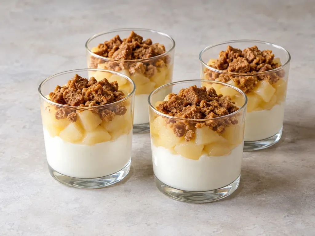 Verrines de poires pochées, fromage blanc et spéculoos