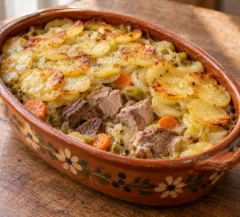 Baeckeoffe en terrine, pommes de terre fondantes et morceaux de bœuf, de porc et d’agneau