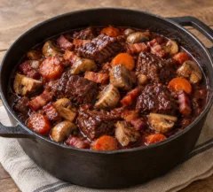 Morceaux de bœuf bourguignon en sauce sombre avec lardons fumés, champignons dorés et carottes