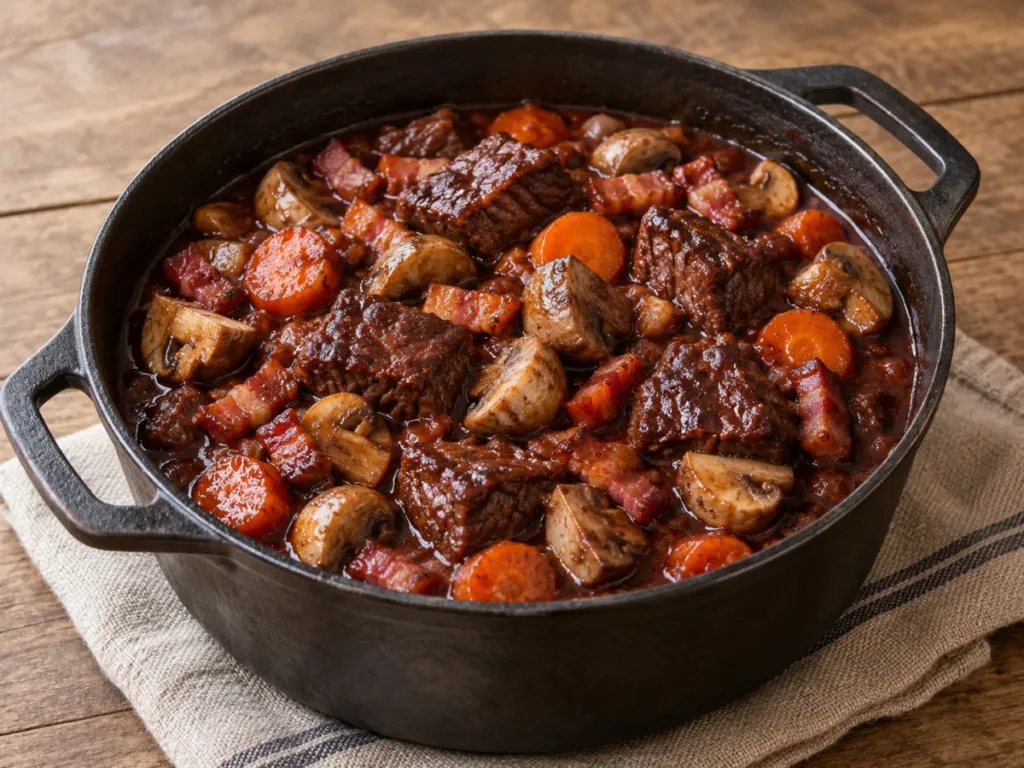 Bœuf bourguignon : recette aux lardons et champignons