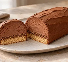Bûche chocolat avec une coupe montrant la ganache, le croustillant praliné et le biscuit noisette