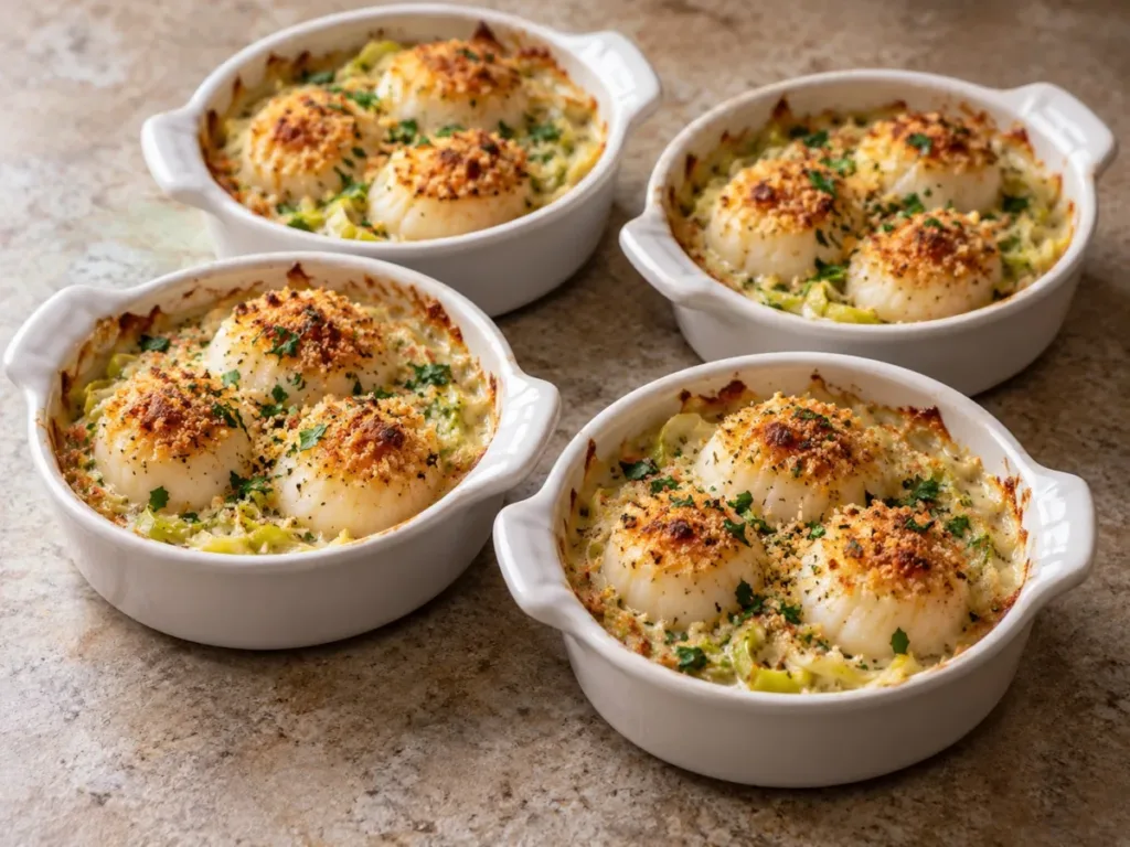 Coquilles Saint-Jacques gratinées aux poireaux