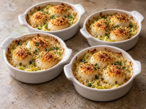 Coquilles Saint-Jacques gratinées aux poireaux