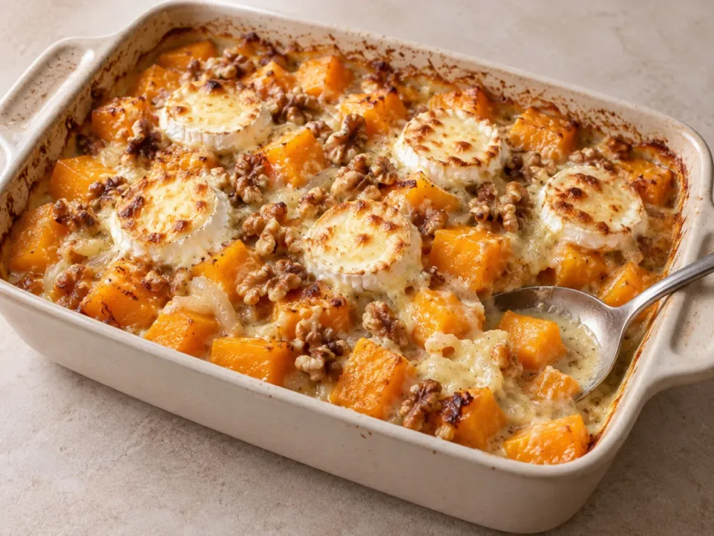 Gratin butternut chèvre : recette fondante aux noix