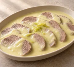 Tranches de langue de bœuf nappées d’une crème de poireaux claire avec quelques filaments fondants