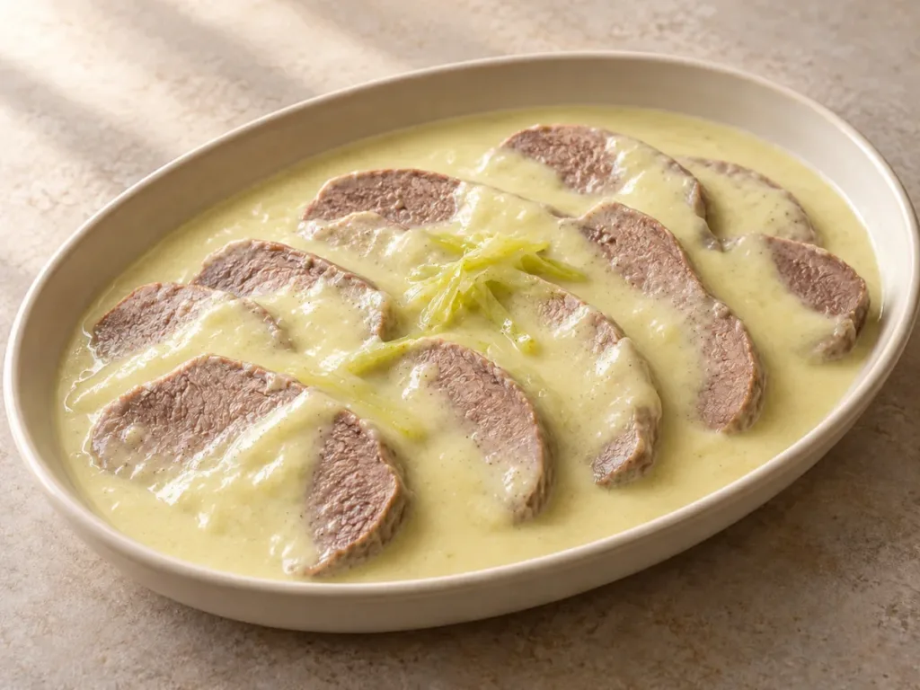 Langue de bœuf à la crème de poireaux
