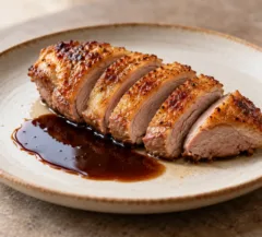 Magret tranché avec peau dorée et sauce au miel et balsamique à côté
