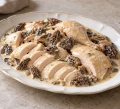 Morceaux de poularde pochée nappés de crème avec des morilles entières
