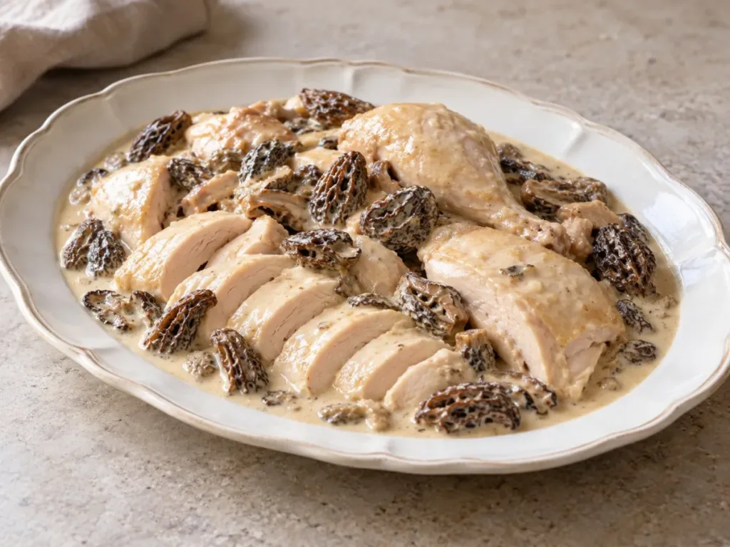 Poularde pochée aux morilles et à la crème