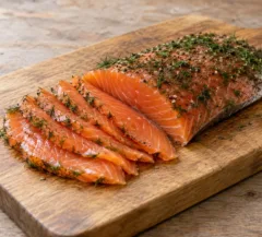 Fines tranches de saumon gravlax à l’aneth sur une planche