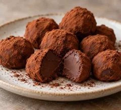 Petites truffes au chocolat noir poudrées de cacao, dont une coupée